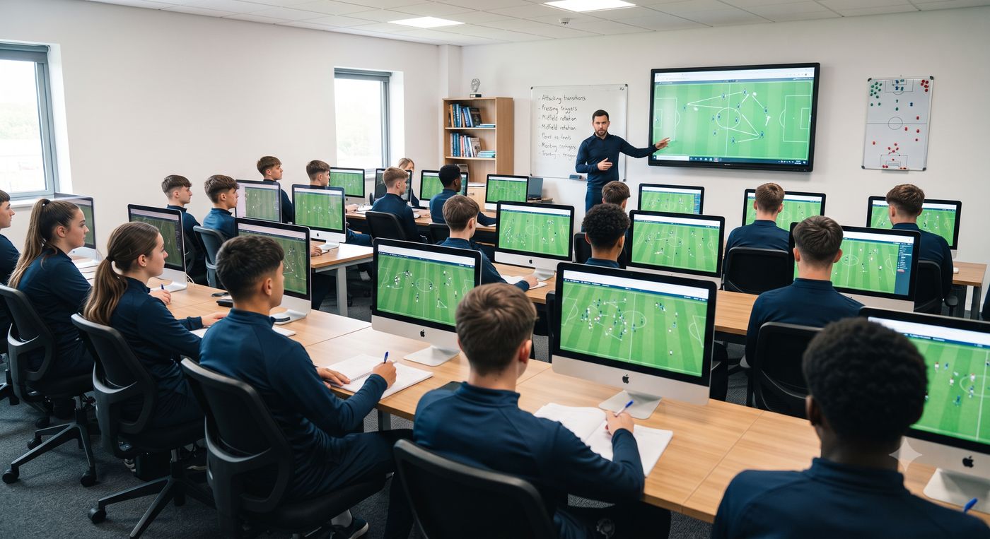 A football classroom: players studying the game on screens while a coach teaches